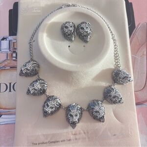 Silver Lion Head Necklace and Earring Set